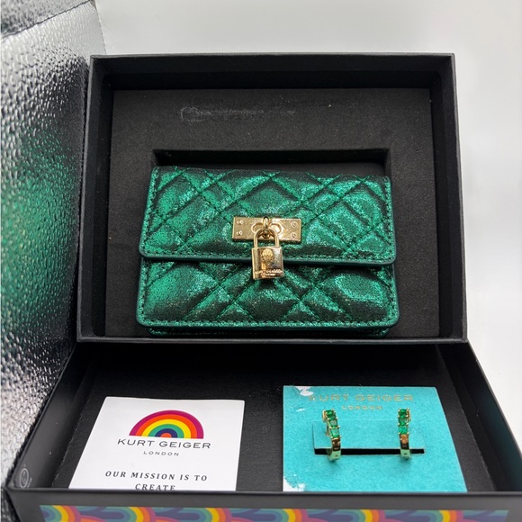 Kurt Geiger Handbags - Kurt Geiger Metallic Quilted Mini Bag in Emerald with Gold Lock & Earrings